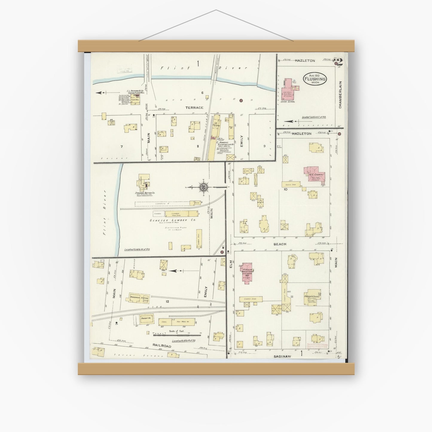 Old map wall art mockup — magnetic wood frame on white wall — Sanborn Fire Insurance Map from Flushing, Genesee County, Michigan (1910), Sheet #0002