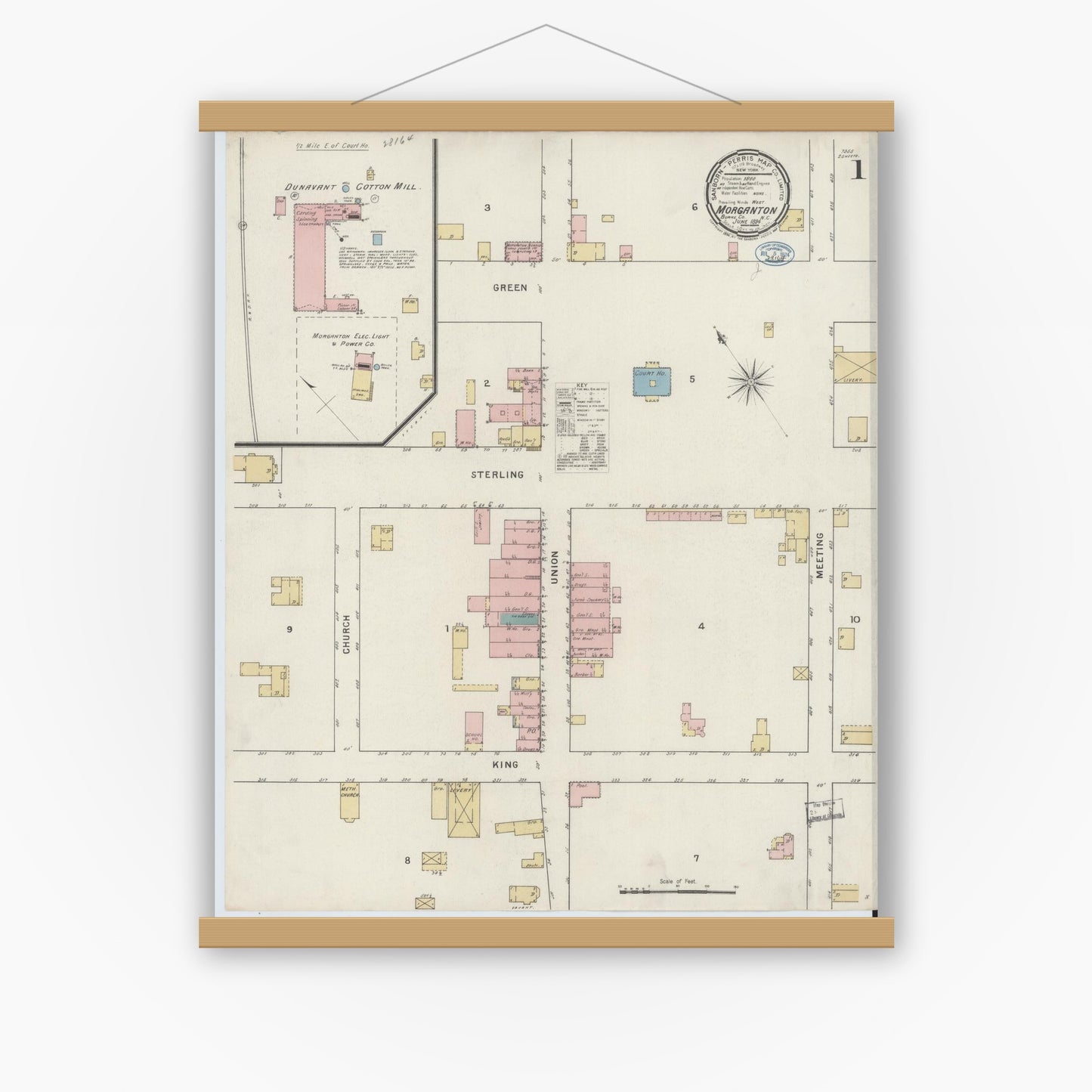Old map wall art mockup — magnetic wood frame on white wall — Sanborn Fire Insurance Map from Morganton, Burke County, North Carolina (1894), Sheet #0001
