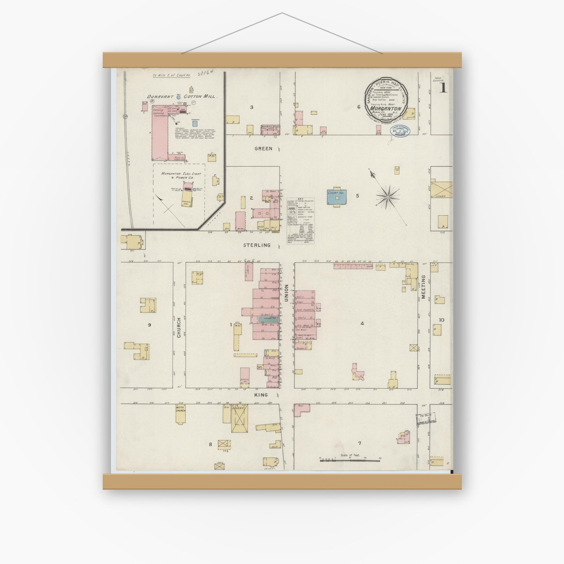 Old map wall art mockup — magnetic wood frame on white wall — Sanborn Fire Insurance Map from Morganton, Burke County, North Carolina (1894), Sheet #0001