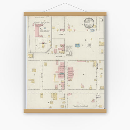 Old map wall art mockup — magnetic wood frame on white wall — Sanborn Fire Insurance Map from Morganton, Burke County, North Carolina (1894), Sheet #0001