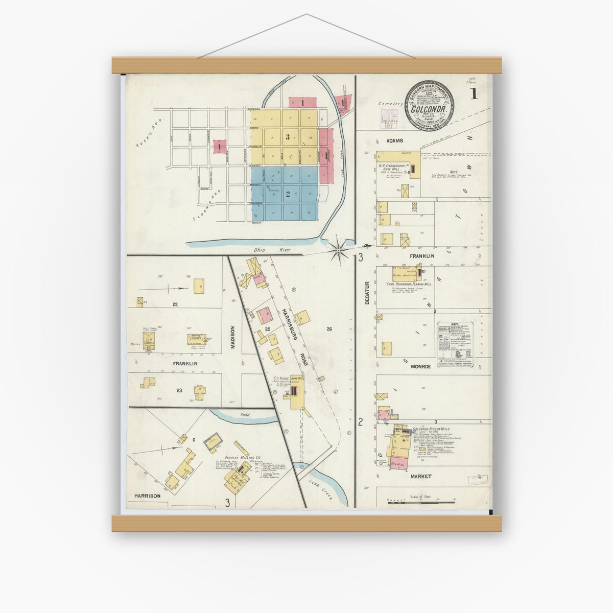 Old map wall art mockup — magnetic wood frame on white wall — Sanborn Fire Insurance Map from Golconda, Pope County, Illinois (1902) - Complete Map Set