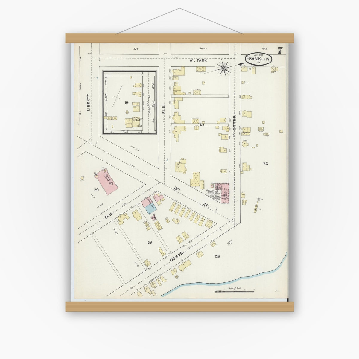 Old map wall art mockup — magnetic wood frame on white wall — Sanborn Fire Insurance Map from Franklin, Venango County, Pennsylvania (1891), Sheet #0007