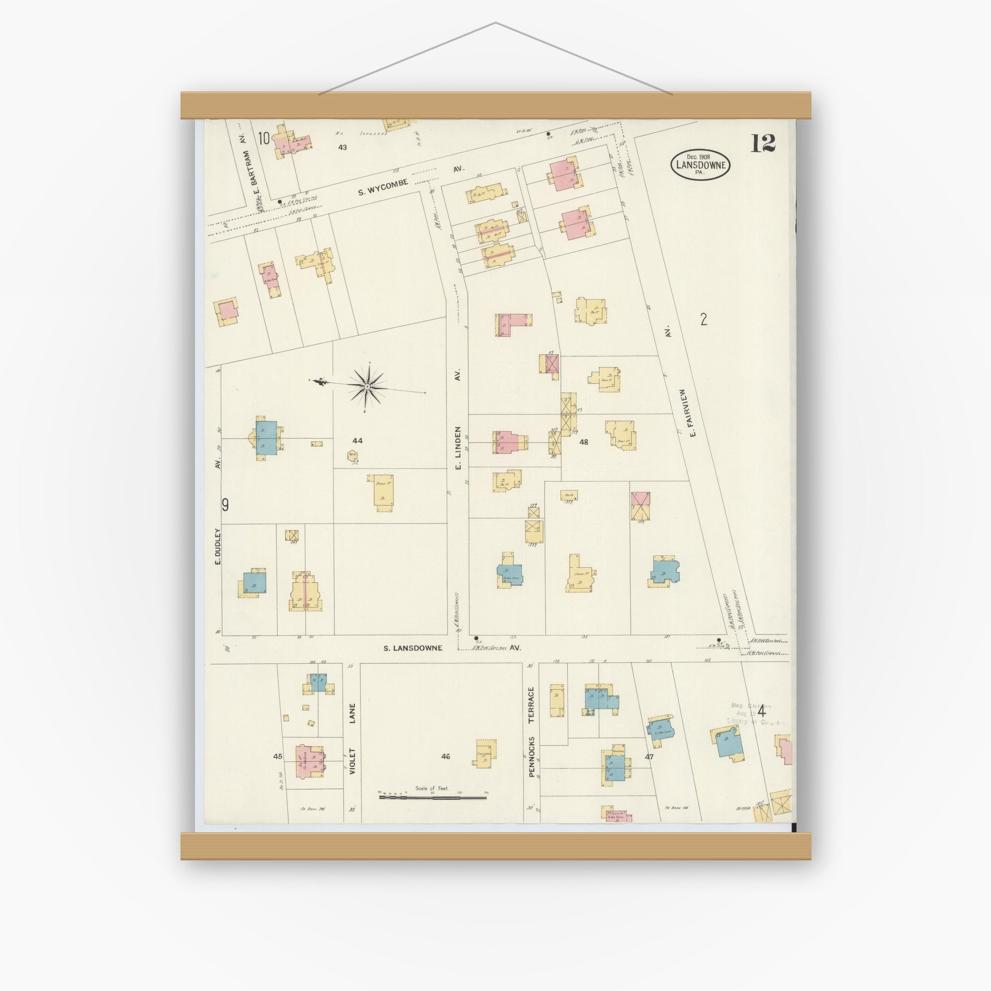 Old map wall art mockup — magnetic wood frame on white wall — Sanborn Fire Insurance Map from Lansdowne, Delaware County, Pennsylvania (1908), Sheet #0012