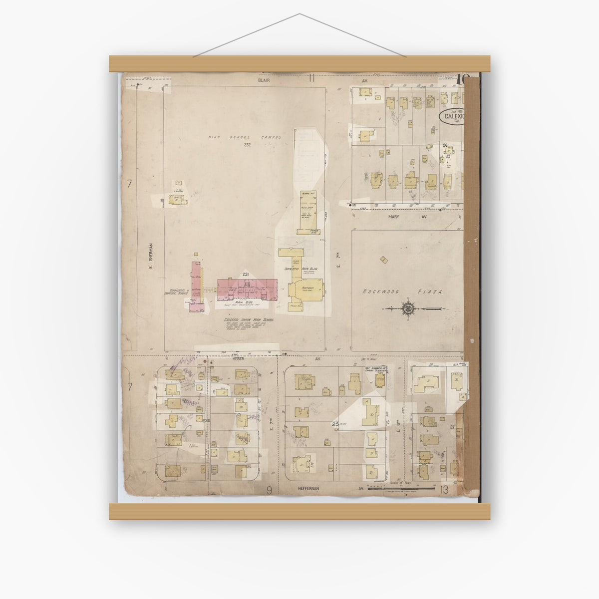 Old map wall art mockup — magnetic wood frame on white wall — Sanborn Fire Insurance Map from Calexico, Imperial County, California (1956), Sheet #0010