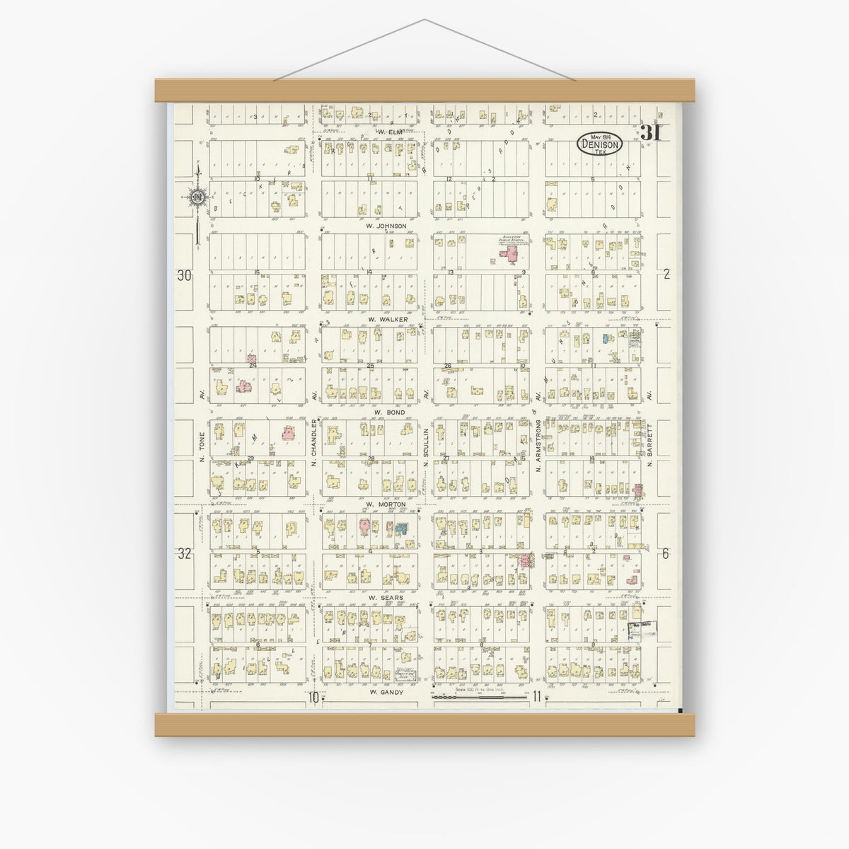 Old map wall art mockup — magnetic wood frame on white wall — Sanborn Fire Insurance Map from Denison, Grayson County, Texas (1914), Sheet #0031