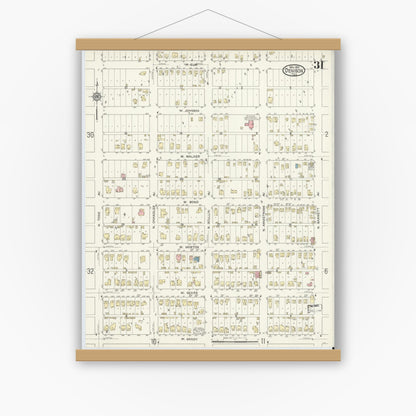 Old map wall art mockup — magnetic wood frame on white wall — Sanborn Fire Insurance Map from Denison, Grayson County, Texas (1914), Sheet #0031