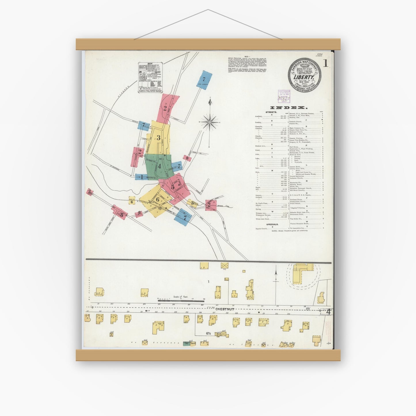 Old map wall art mockup — magnetic wood frame on white wall — Sanborn Fire Insurance Map from Liberty, Sullivan County, New York (1904), Sheet #0001