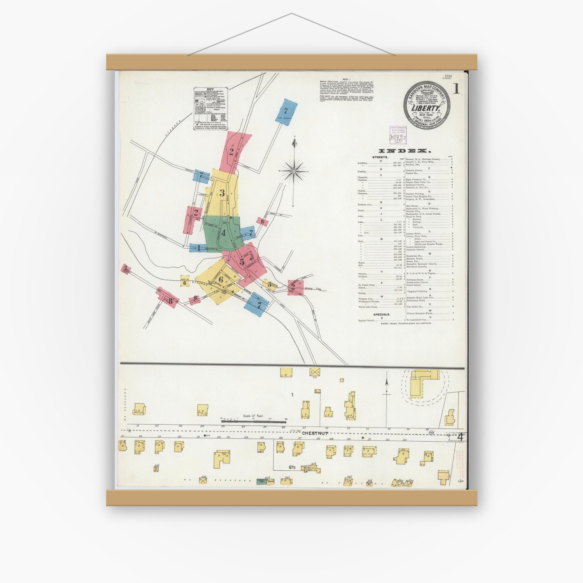 Old map wall art mockup — magnetic wood frame on white wall — Sanborn Fire Insurance Map from Liberty, Sullivan County, New York (1904), Sheet #0001