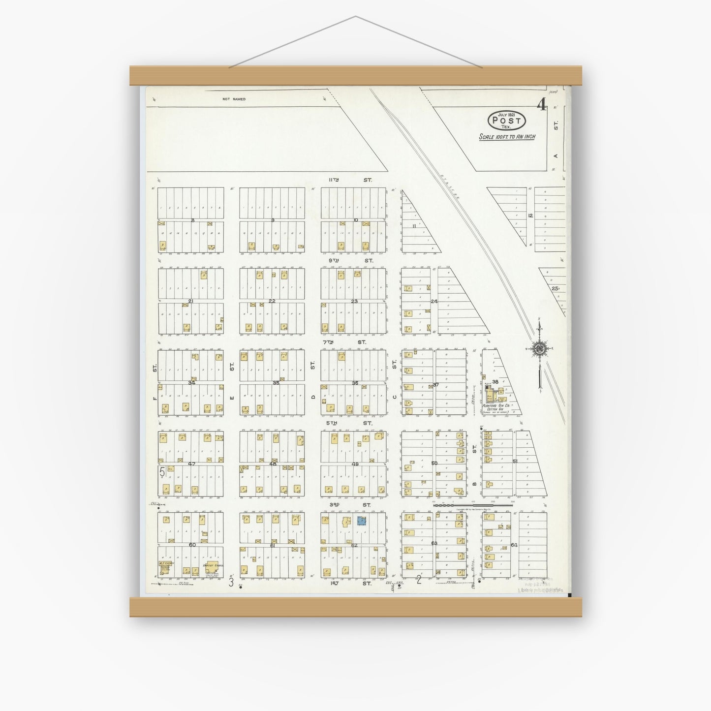 Old map wall art mockup — magnetic wood frame on white wall — Sanborn Fire Insurance Map from Post, Garza County, Texas (1921), Sheet #0004
