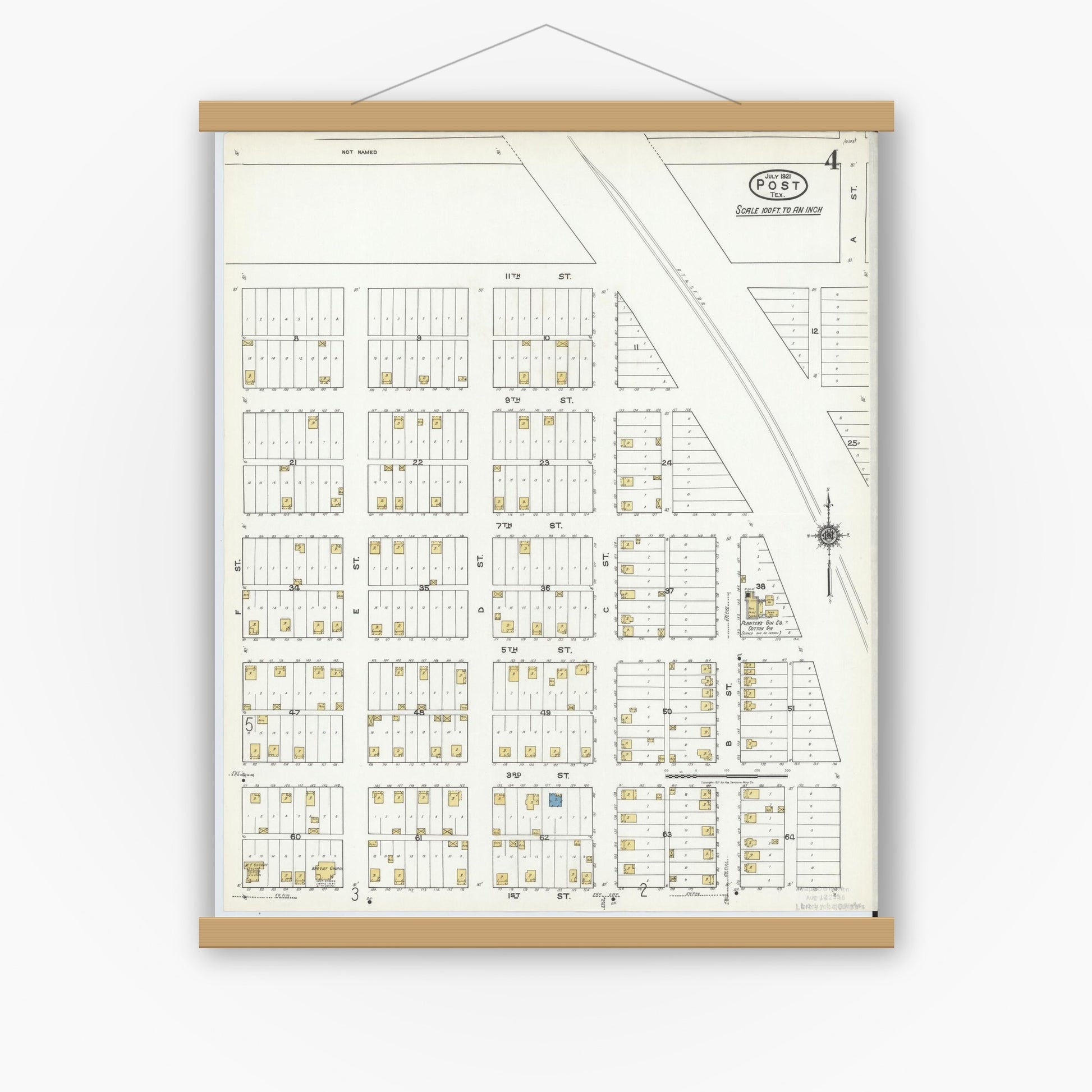 Old map wall art mockup — magnetic wood frame on white wall — Sanborn Fire Insurance Map from Post, Garza County, Texas (1921), Sheet #0004