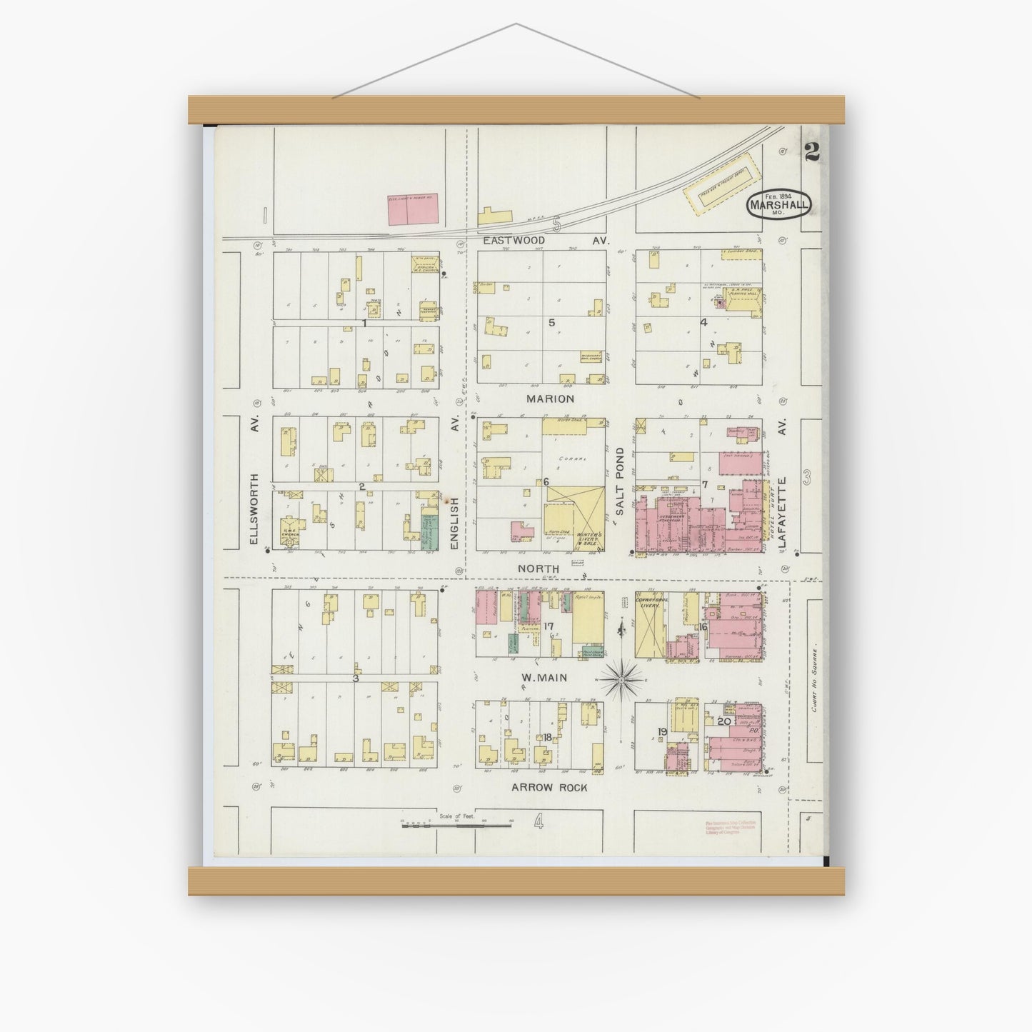 Old map wall art mockup — magnetic wood frame on white wall — Sanborn Fire Insurance Map from Marshall, Saline County, Missouri (1894), Sheet #0002