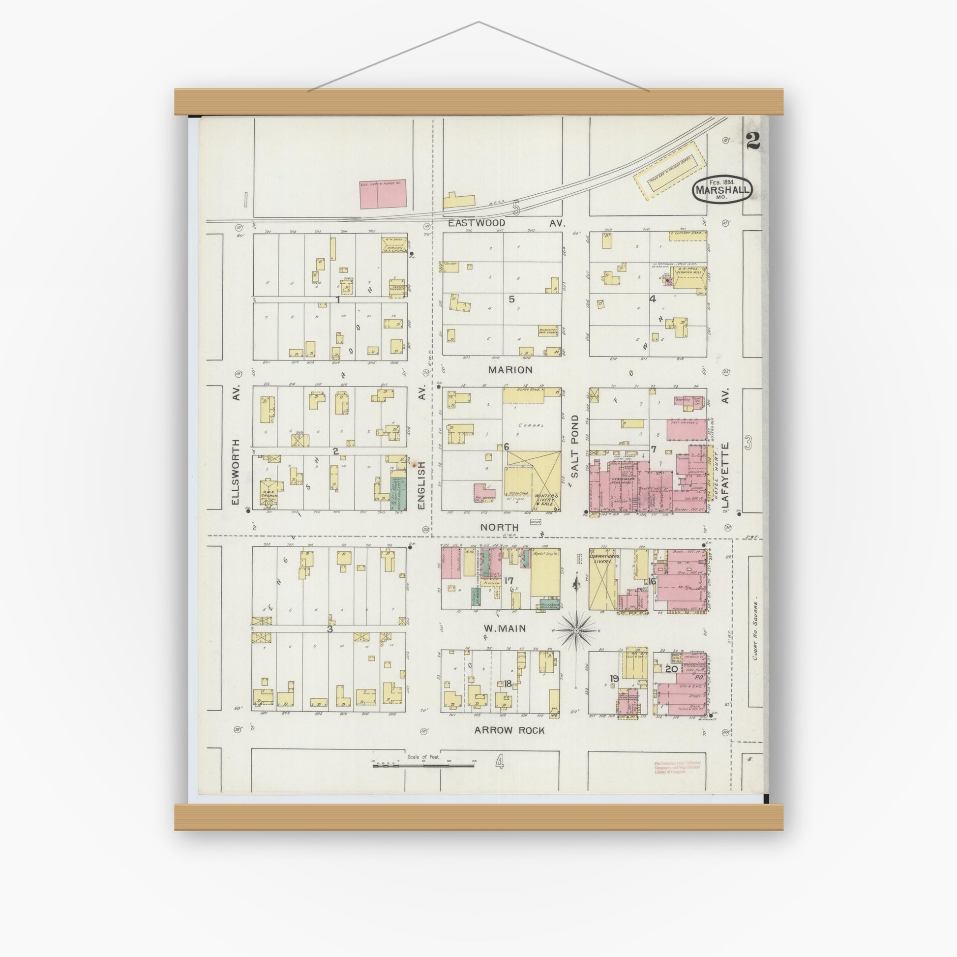 Old map wall art mockup — magnetic wood frame on white wall — Sanborn Fire Insurance Map from Marshall, Saline County, Missouri (1894), Sheet #0002