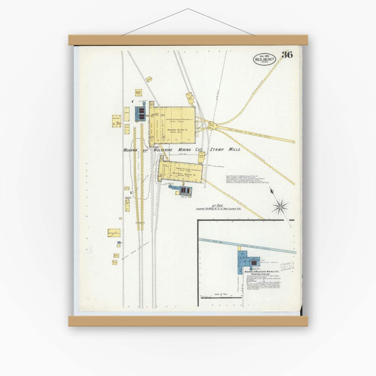Old map wall art mockup — magnetic wood frame on white wall — Sanborn Fire Insurance Map from Red Jacket, Houghton County, Michigan (1908), Sheet #0036