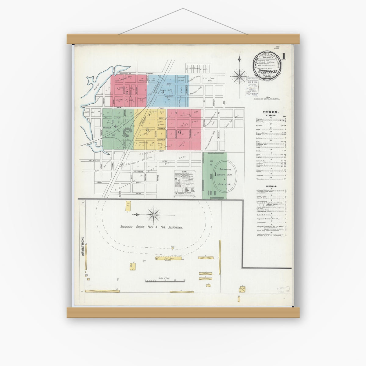 Old map wall art mockup — magnetic wood frame on white wall — Sanborn Fire Insurance Map from Roodhouse, Greene County, Illinois (1900), Sheet #0001