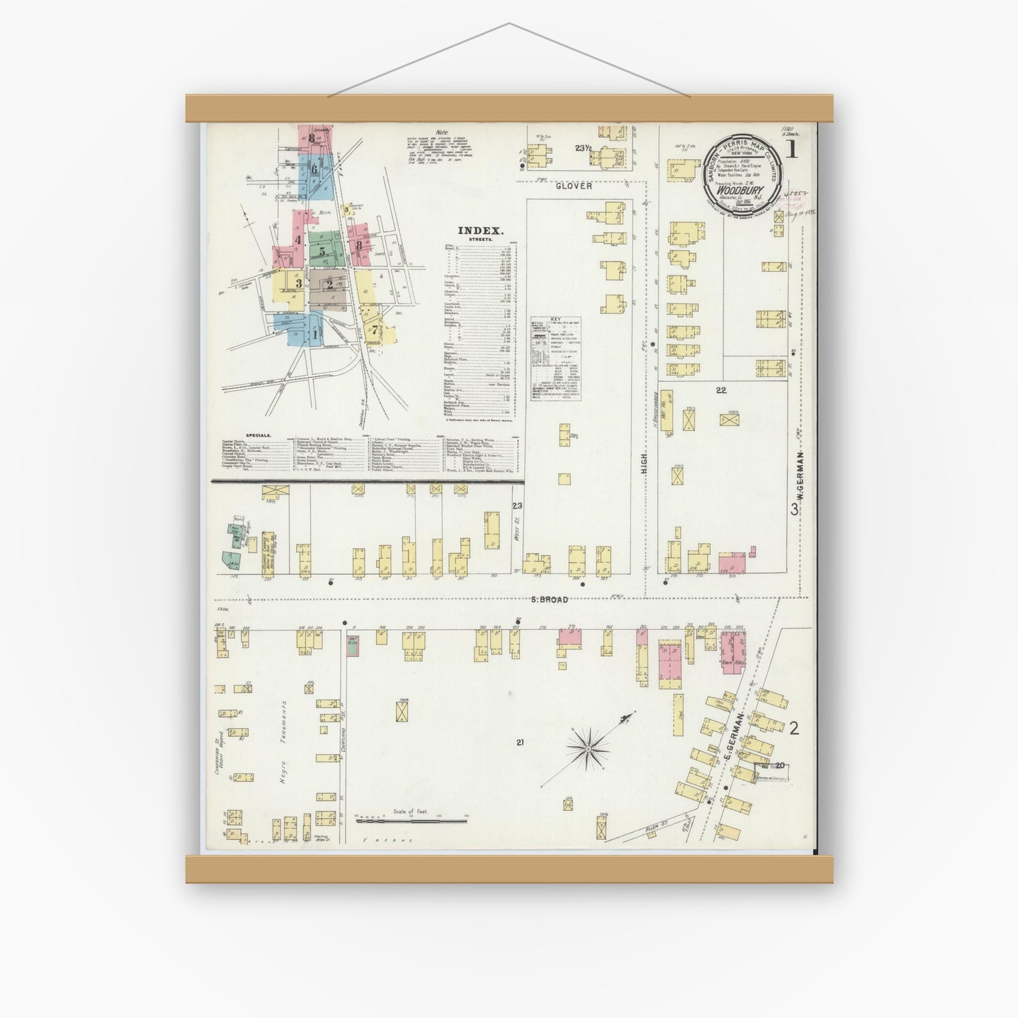 Old map wall art mockup — magnetic wood frame on white wall — Sanborn Fire Insurance Map from Woodbury, Gloucester County, New Jersey (1896) - Complete Map Set