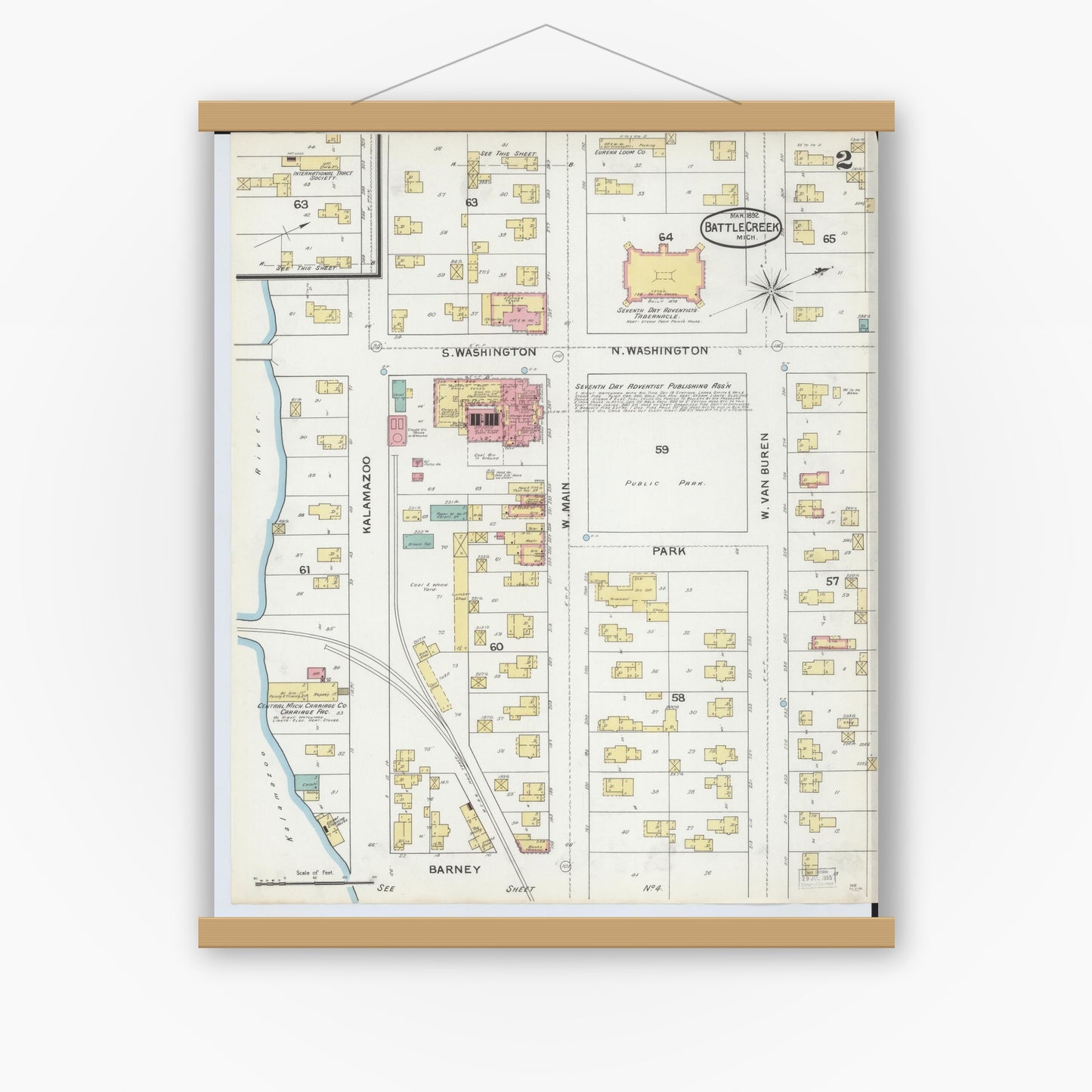 Old map wall art mockup — magnetic wood frame on white wall — Sanborn Fire Insurance Map from Battle Creek, Calhoun County, Michigan (1892), Sheet #0002