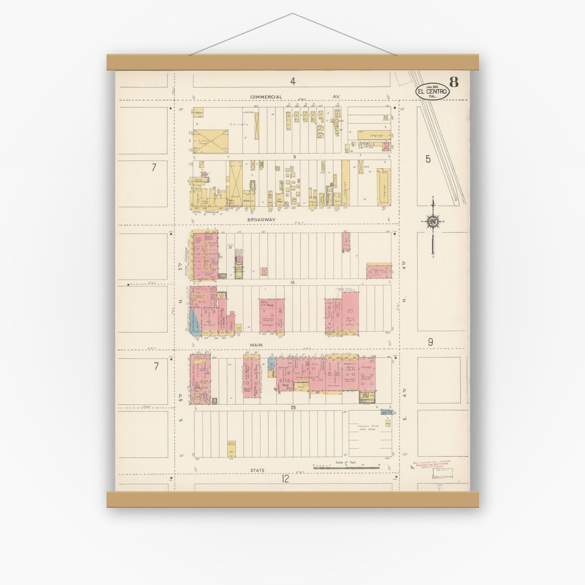 Old map wall art mockup — magnetic wood frame on white wall — Sanborn Fire Insurance Map from El Centro, Imperial County, California (1914), Sheet #0008