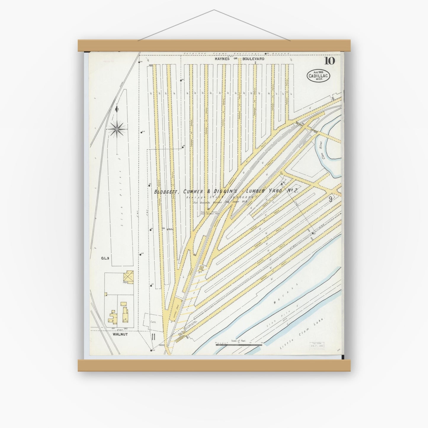 Old map wall art mockup — magnetic wood frame on white wall — Sanborn Fire Insurance Map from Cadillac, Wexford County, Michigan (1900), Sheet #0010