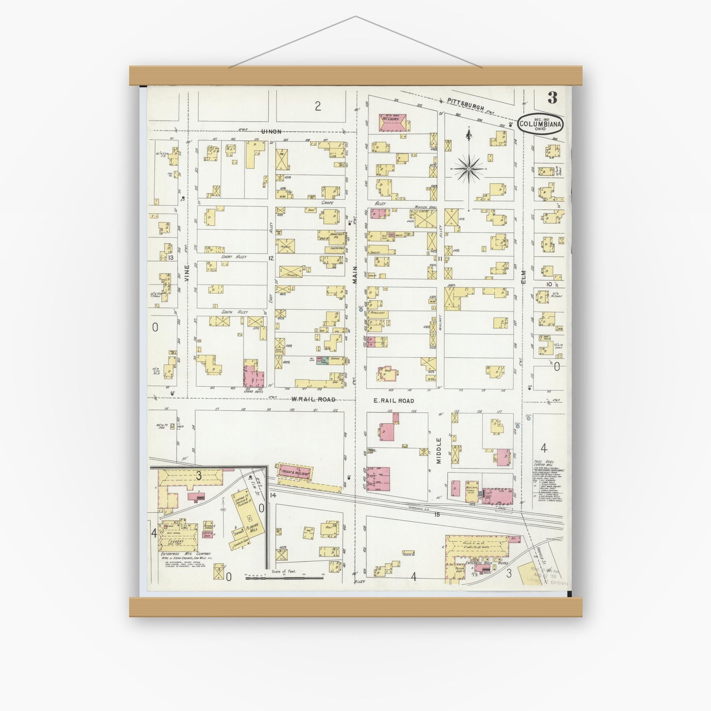 Old map wall art mockup — magnetic wood frame on white wall — Sanborn Fire Insurance Map from Columbiana, Columbiana County, Ohio (1901), Sheet #0003
