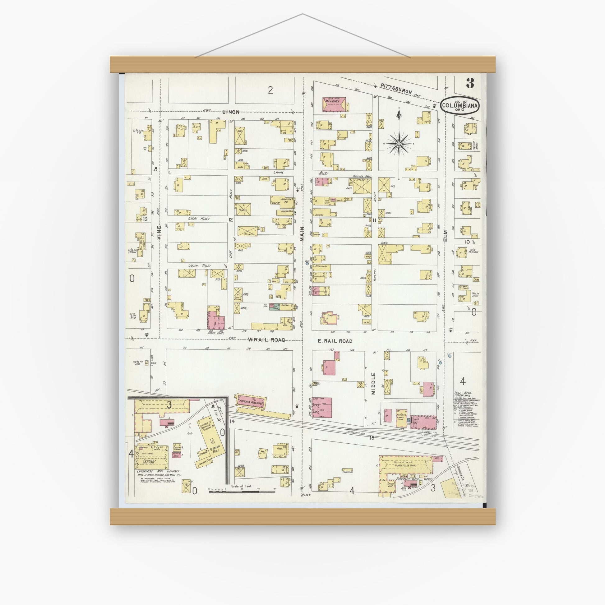 Old map wall art mockup — magnetic wood frame on white wall — Sanborn Fire Insurance Map from Columbiana, Columbiana County, Ohio (1901), Sheet #0003