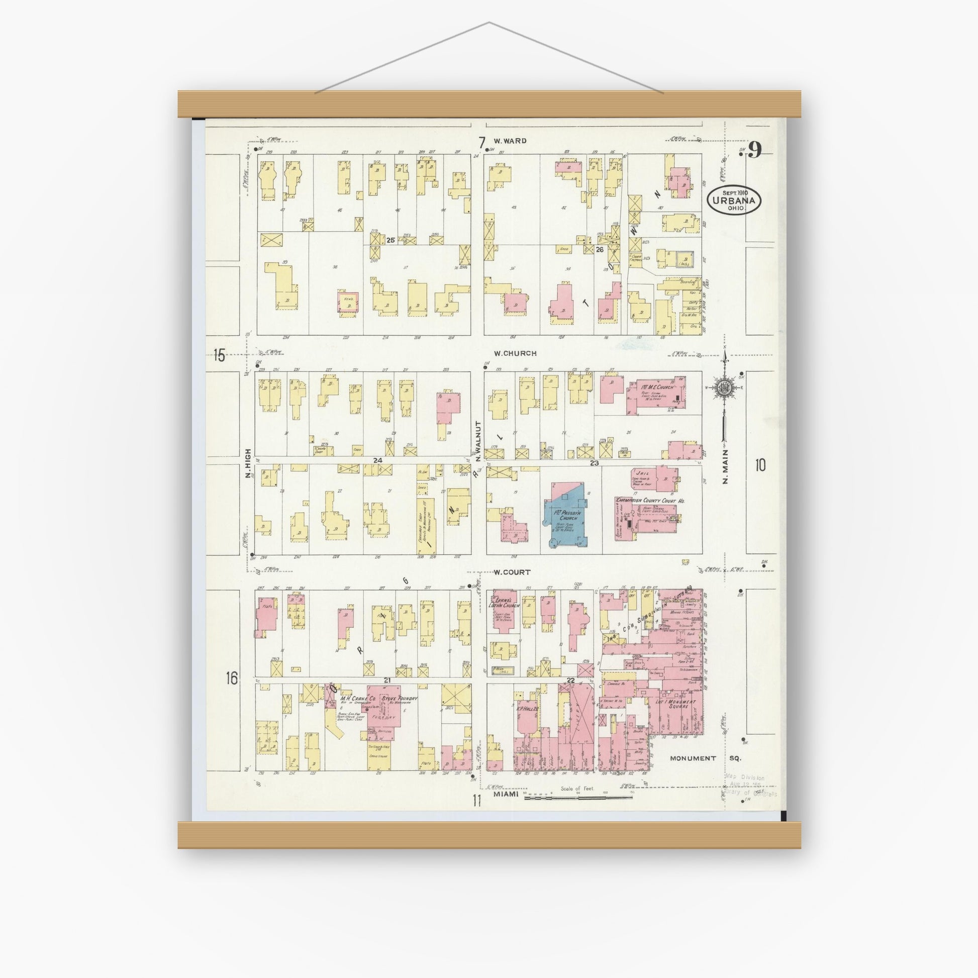 Old map wall art mockup — magnetic wood frame on white wall — Sanborn Fire Insurance Map from Urbana, Champaign County, Ohio (1910), Sheet #0009