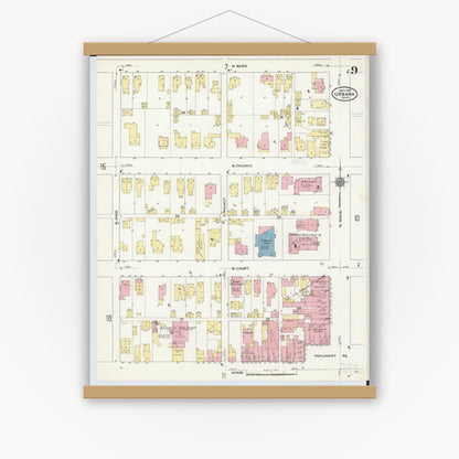 Old map wall art mockup — magnetic wood frame on white wall — Sanborn Fire Insurance Map from Urbana, Champaign County, Ohio (1910), Sheet #0009