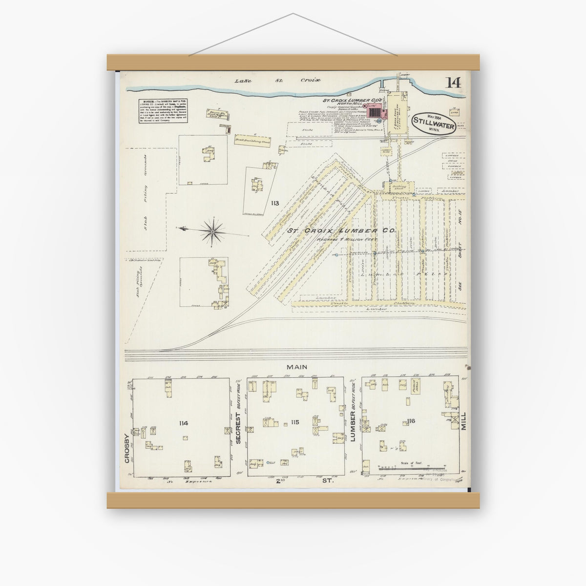 Old map wall art mockup — magnetic wood frame on white wall — Sanborn Fire Insurance Map from Stillwater, Washington County, Minnesota (1884), Sheet #0014