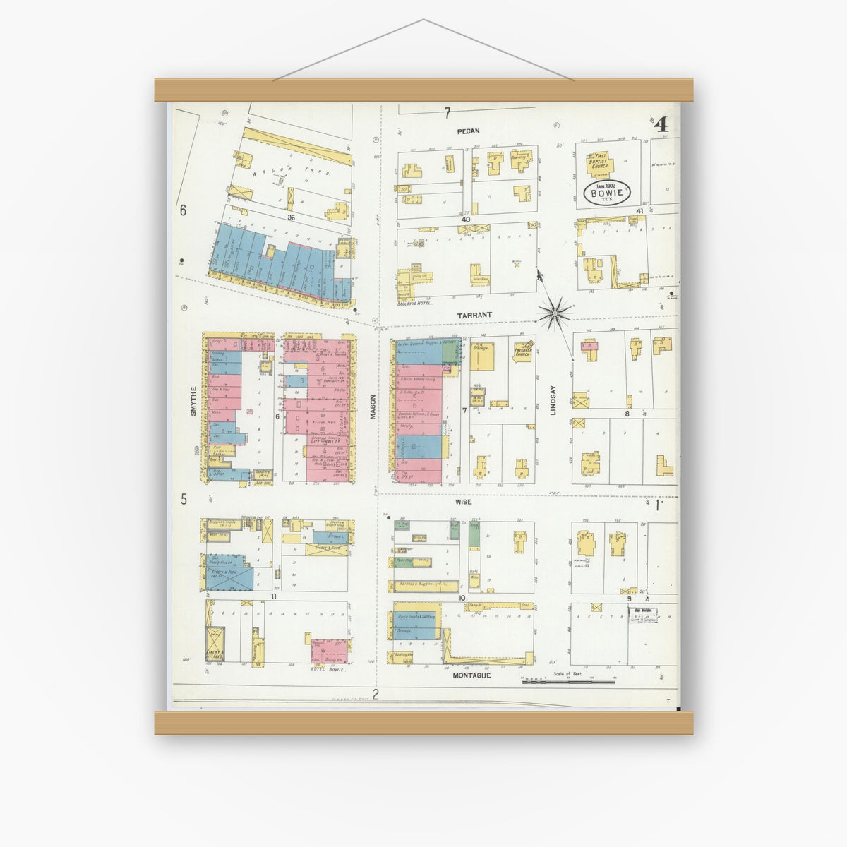 Old map wall art mockup — magnetic wood frame on white wall — Sanborn Fire Insurance Map from Bowie, Montague County, Texas (1902), Sheet #0004