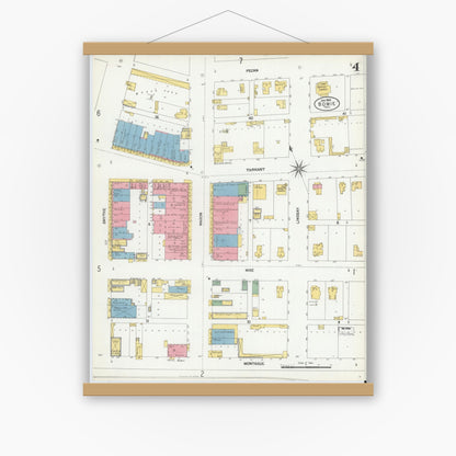 Old map wall art mockup — magnetic wood frame on white wall — Sanborn Fire Insurance Map from Bowie, Montague County, Texas (1902), Sheet #0004