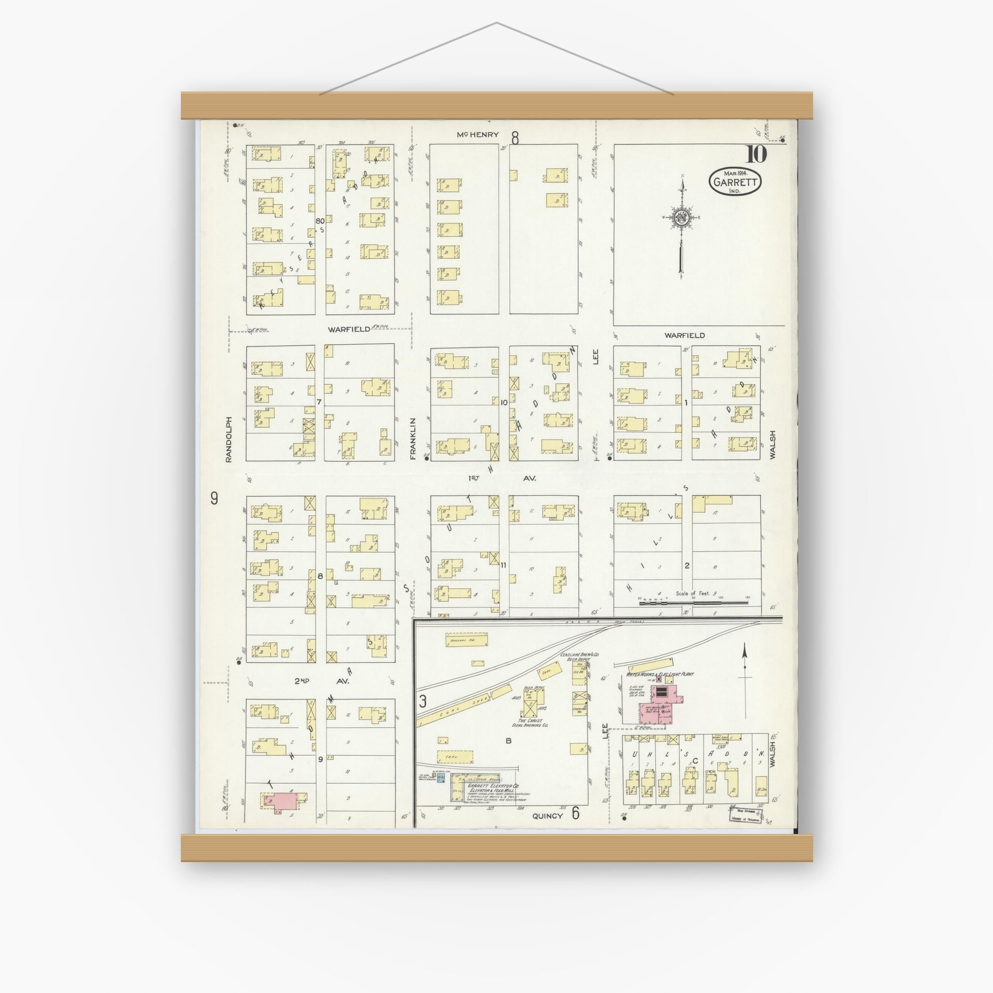 Old map wall art mockup — magnetic wood frame on white wall — Sanborn Fire Insurance Map from Garrett, De Kalb County, Indiana (1914), Sheet #0010