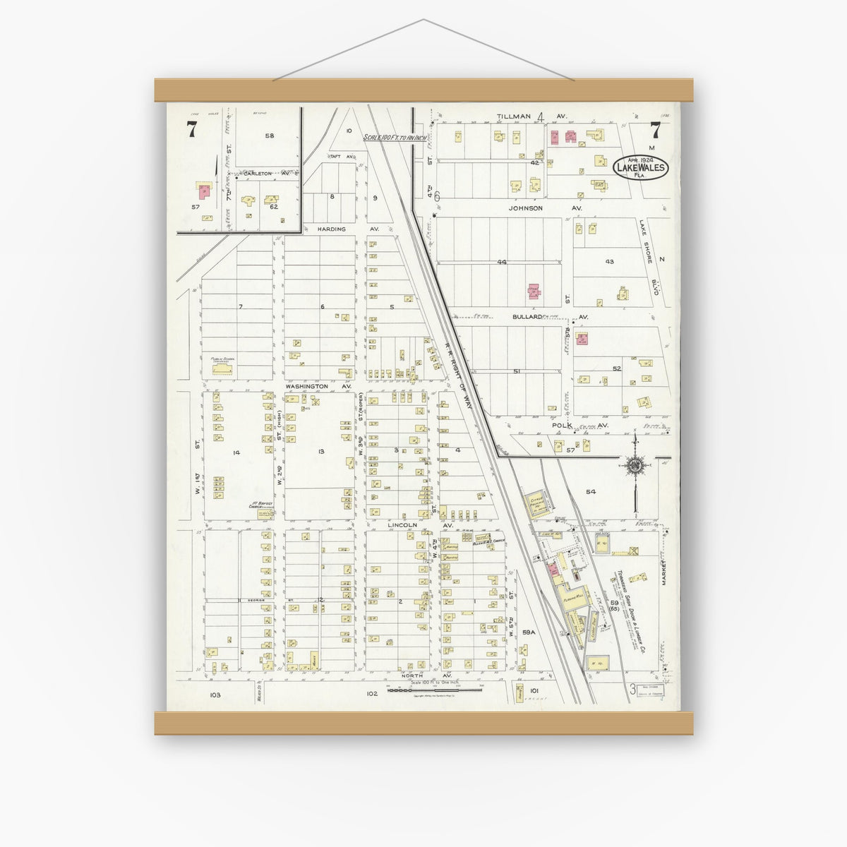 Old map wall art mockup — magnetic wood frame on white wall — Sanborn Fire Insurance Map from Lake Wales, Polk County, Florida (1924), Sheet #0007