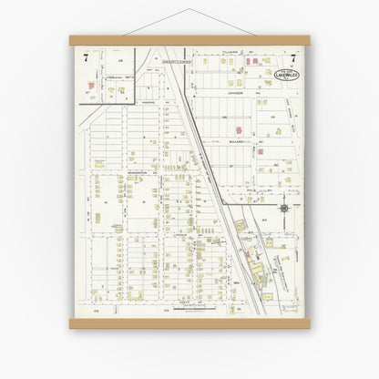 Old map wall art mockup — magnetic wood frame on white wall — Sanborn Fire Insurance Map from Lake Wales, Polk County, Florida (1924), Sheet #0007
