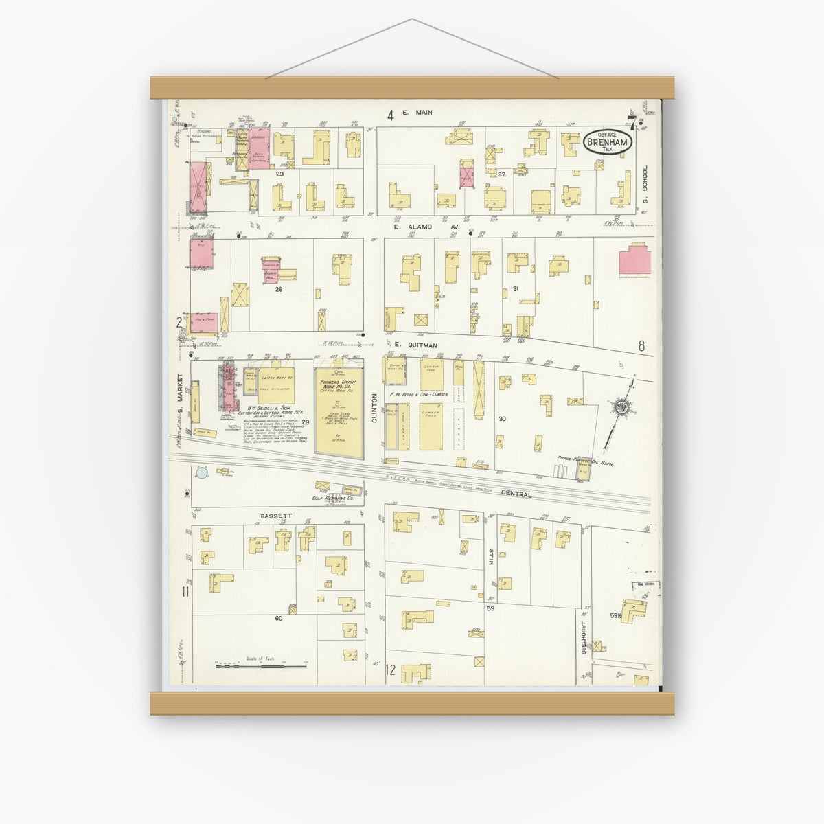 Old map wall art mockup — magnetic wood frame on white wall — Sanborn Fire Insurance Map from Brenham, Washington County, Texas (1912), Sheet #0007