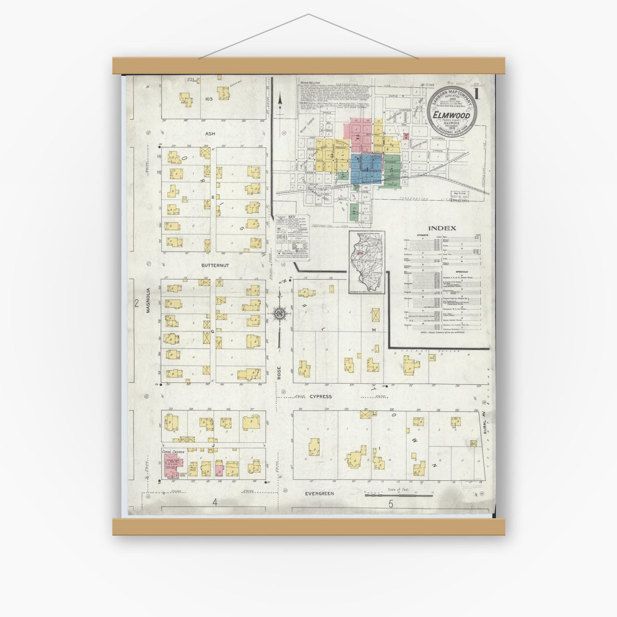 Old map wall art mockup — magnetic wood frame on white wall — Sanborn Fire Insurance Map from Elmwood, Peoria County, Illinois (1918), Sheet #0001