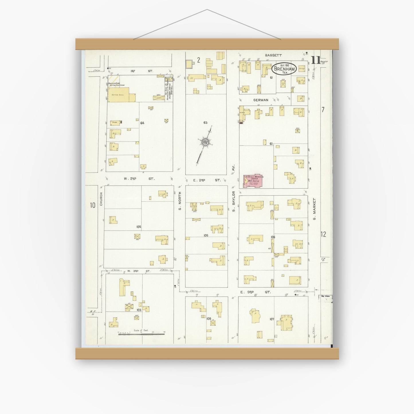 Old map wall art mockup — magnetic wood frame on white wall — Sanborn Fire Insurance Map from Brenham, Washington County, Texas (1912), Sheet #0011