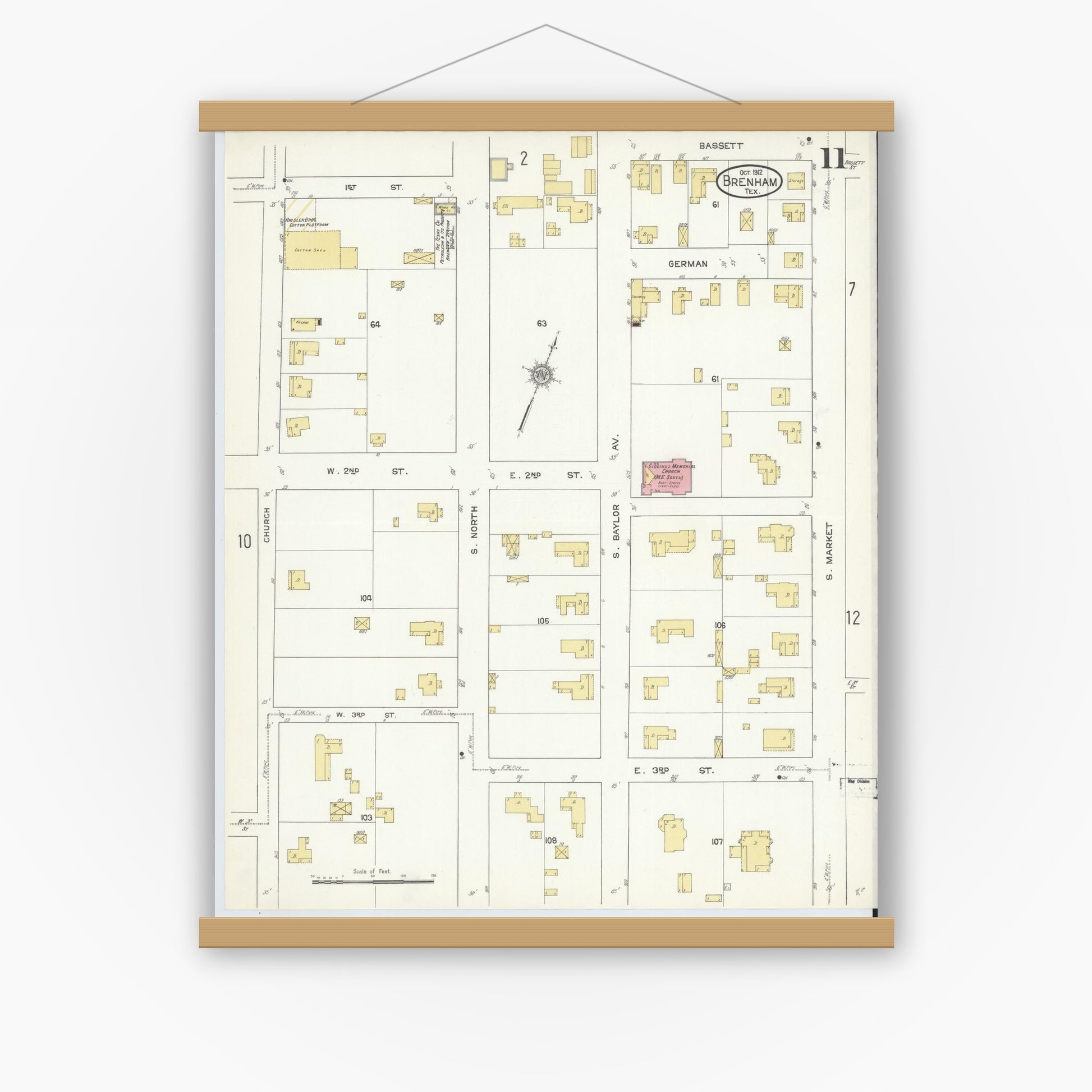 Old map wall art mockup — magnetic wood frame on white wall — Sanborn Fire Insurance Map from Brenham, Washington County, Texas (1912), Sheet #0011