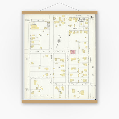 Old map wall art mockup — magnetic wood frame on white wall — Sanborn Fire Insurance Map from Brenham, Washington County, Texas (1912), Sheet #0011