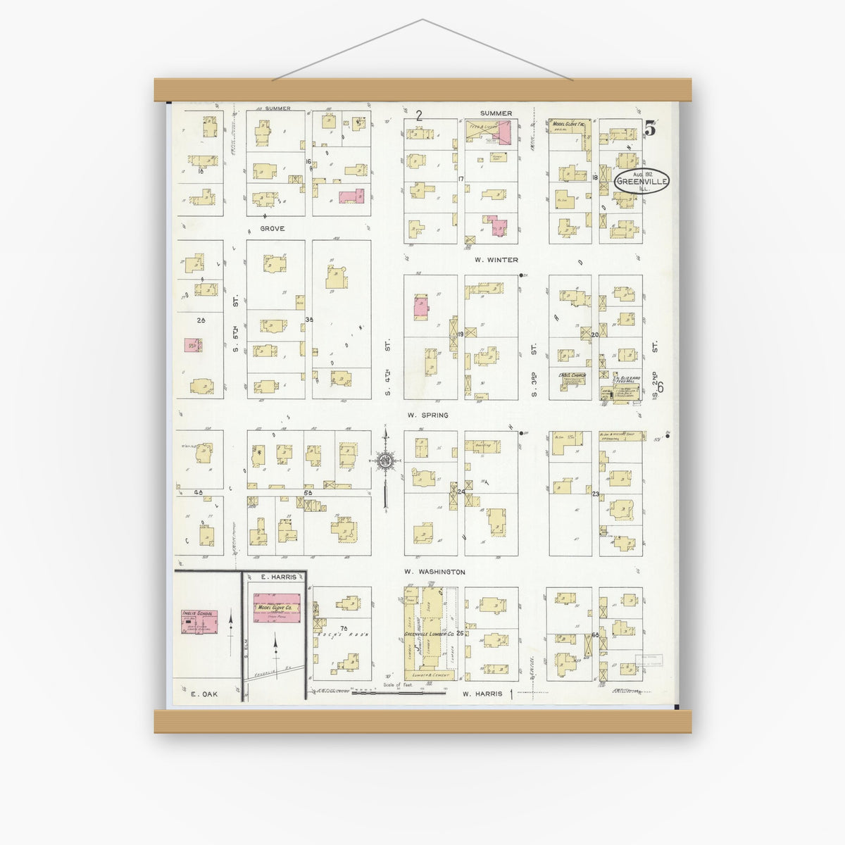 Old map wall art mockup — magnetic wood frame on white wall — Sanborn Fire Insurance Map from Greenville, Bond County, Illinois (1912), Sheet #0005