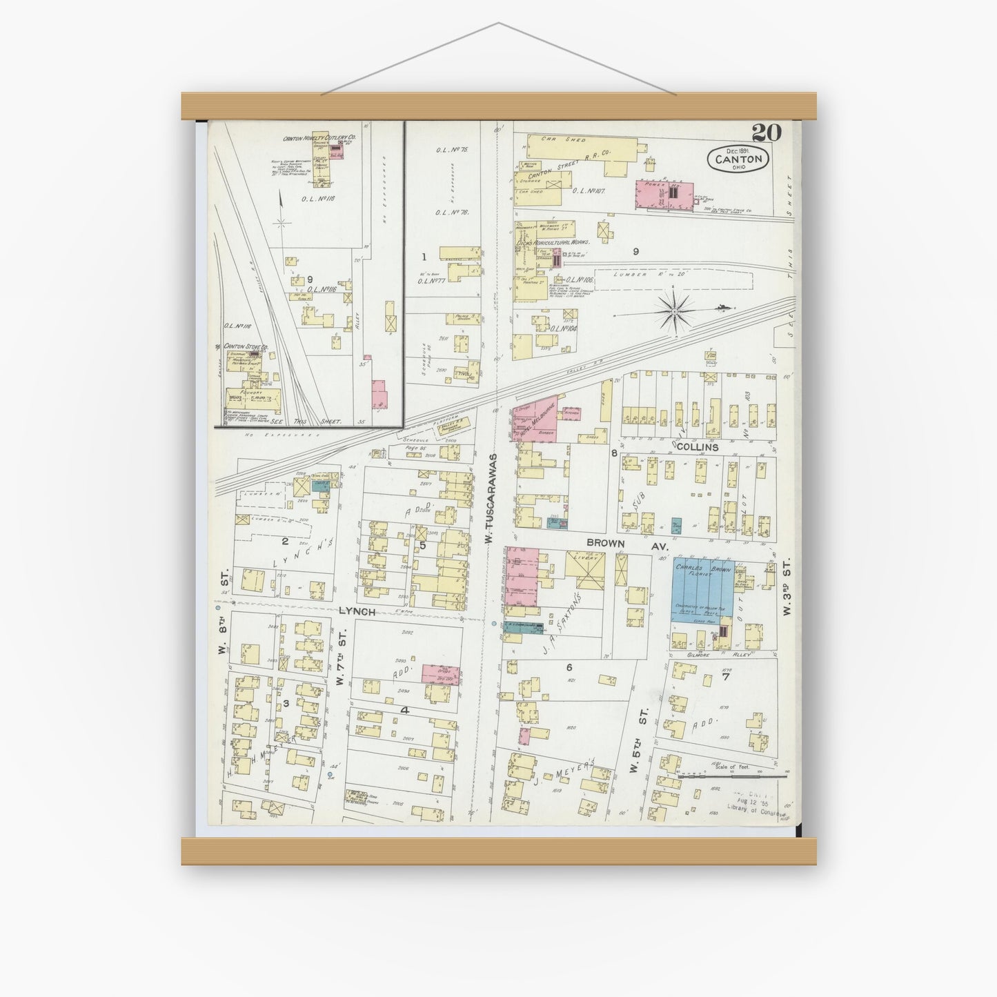 Old map wall art mockup — magnetic wood frame on white wall — Sanborn Fire Insurance Map from Canton, Stark County, Ohio (1891), Sheet #0020
