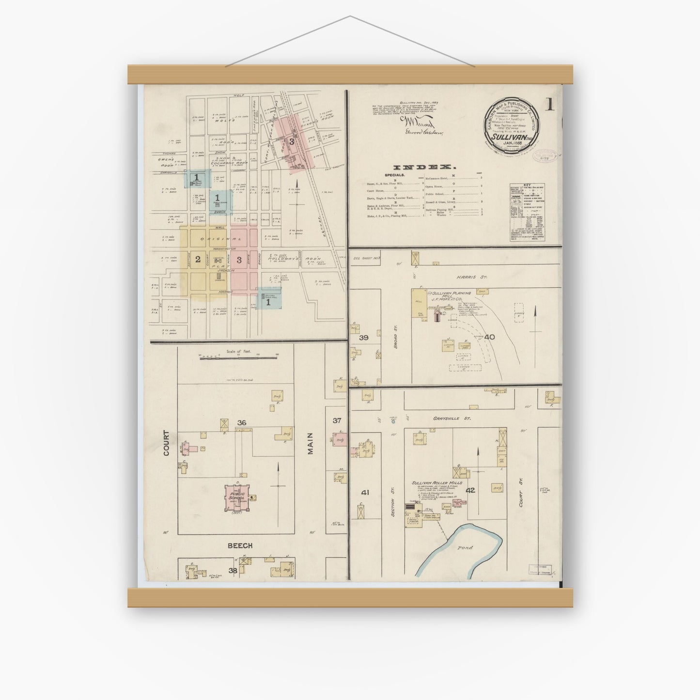 Old map wall art mockup — magnetic wood frame on white wall — Sanborn Fire Insurance Map from Sullivan, Sullivan County, Indiana (1888), Sheet #0001