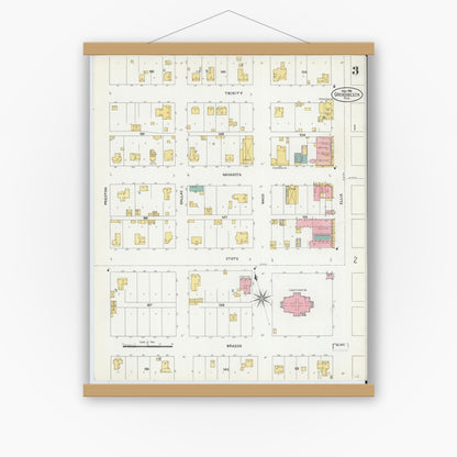 Old map wall art mockup — magnetic wood frame on white wall — Sanborn Fire Insurance Map from Groesbeck, Limestone County, Texas (1906), Sheet #0003