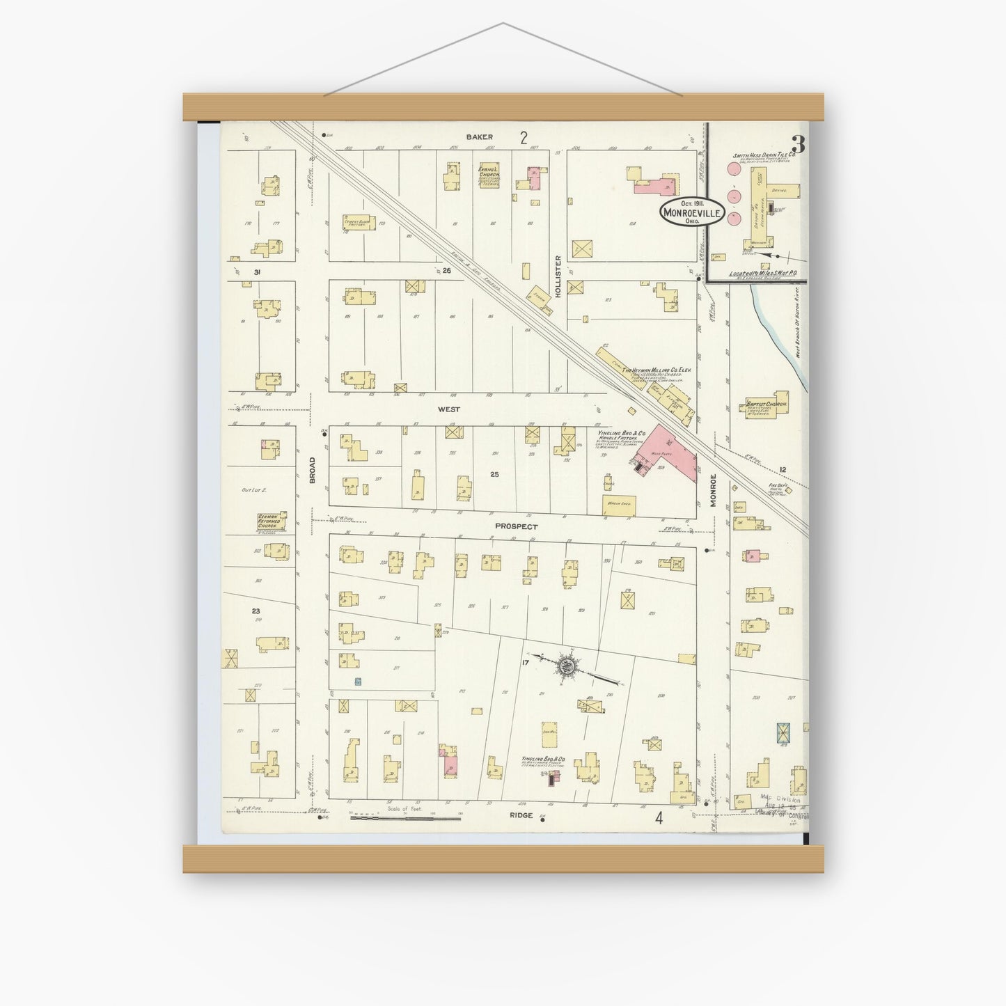 Old map wall art mockup — magnetic wood frame on white wall — Sanborn Fire Insurance Map from Monroeville, Huron County, Ohio (1911), Sheet #0003