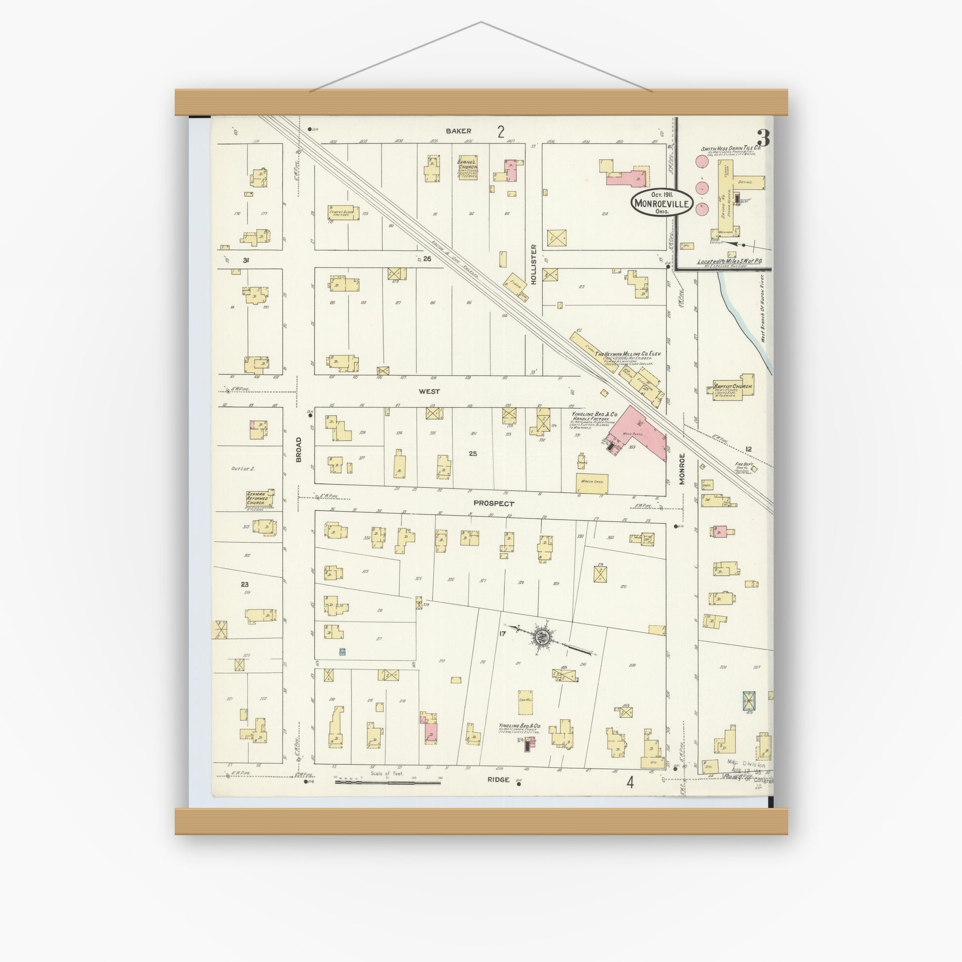 Old map wall art mockup — magnetic wood frame on white wall — Sanborn Fire Insurance Map from Monroeville, Huron County, Ohio (1911), Sheet #0003