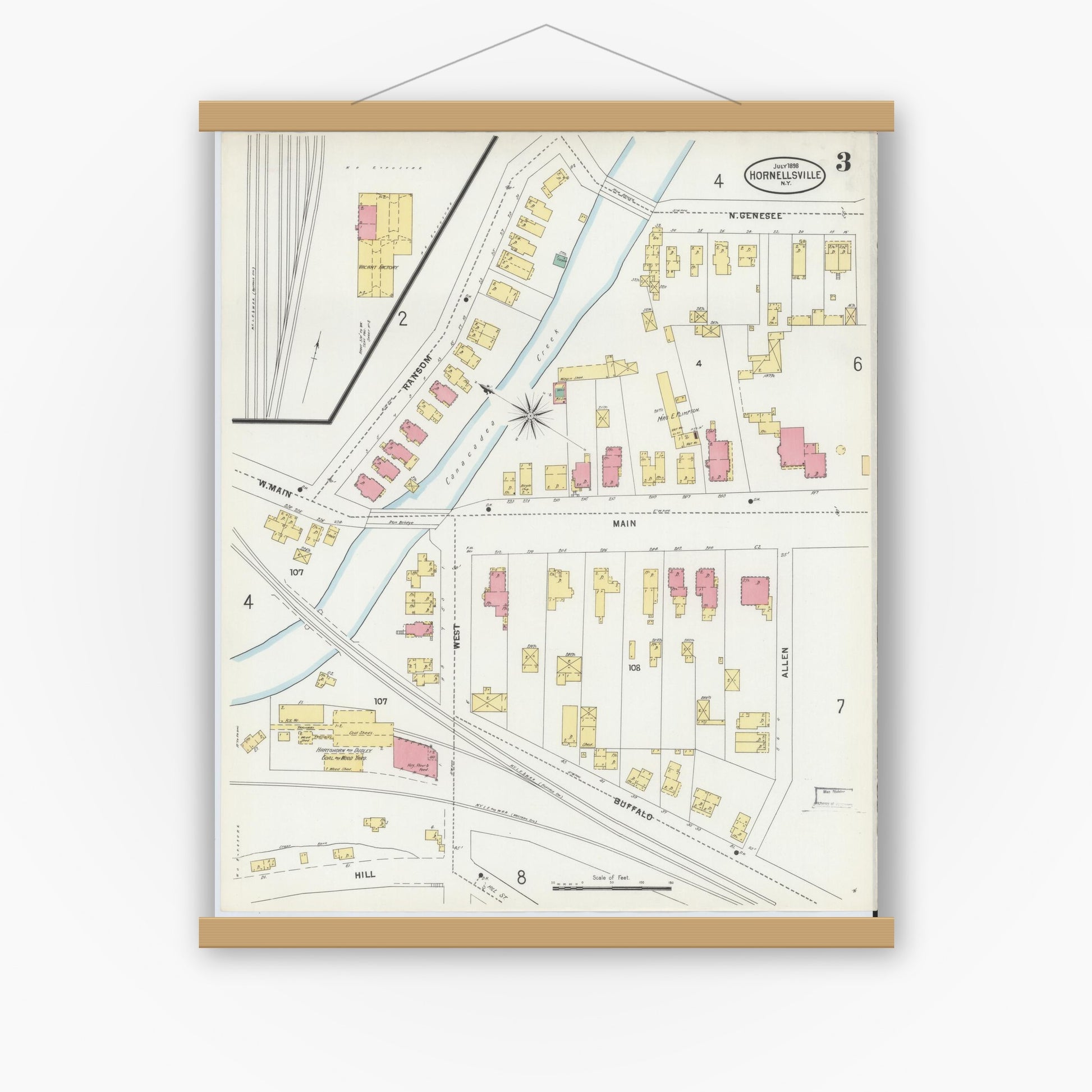 Old map wall art mockup — magnetic wood frame on white wall — Sanborn Fire Insurance Map from Hornell, Steuben County, New York (1898), Sheet #0003