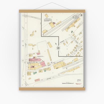 Old map wall art mockup — magnetic wood frame on white wall — Sanborn Fire Insurance Map from Westboro, Worcester County, Massachusetts (1899), Sheet #0005
