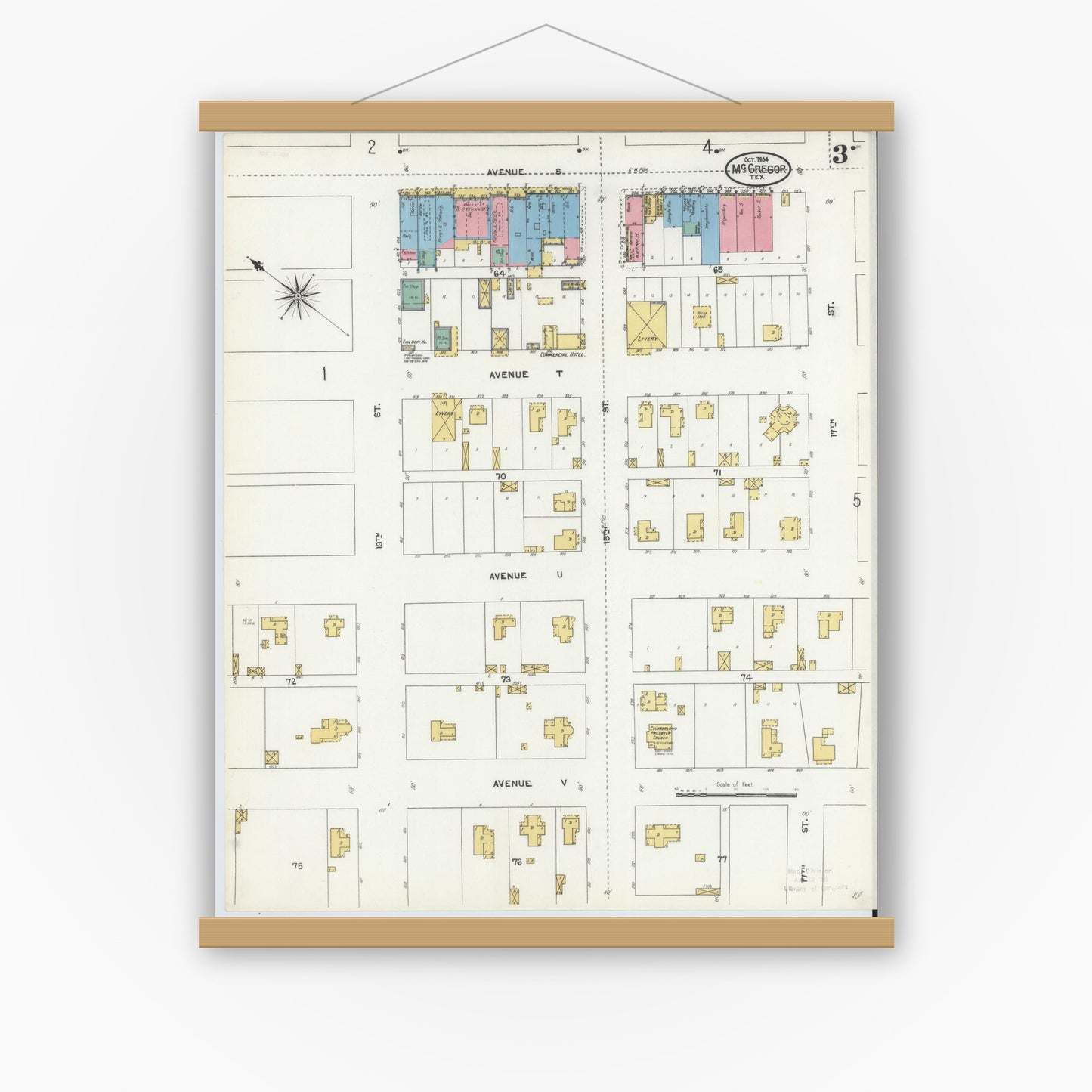 Old map wall art mockup — magnetic wood frame on white wall — Sanborn Fire Insurance Map from McGregor, McLennan County, Texas (1904), Sheet #0003
