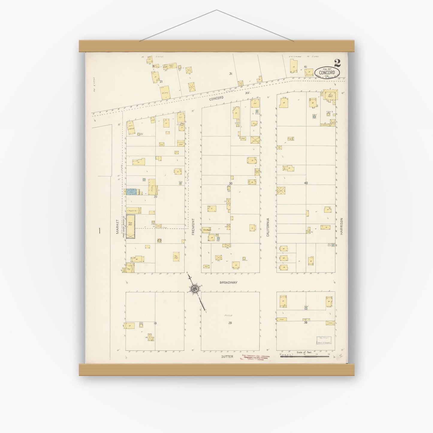 Old map wall art mockup — magnetic wood frame on white wall — Sanborn Fire Insurance Map from Concord, Contra Costa County, California (1917), Sheet #0002