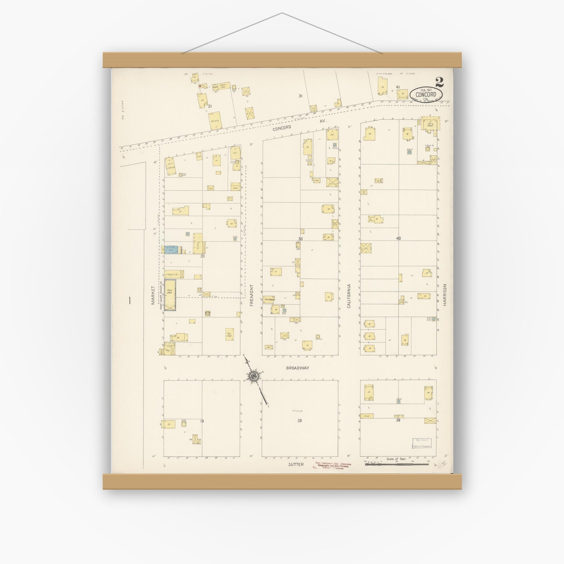 Old map wall art mockup — magnetic wood frame on white wall — Sanborn Fire Insurance Map from Concord, Contra Costa County, California (1917), Sheet #0002
