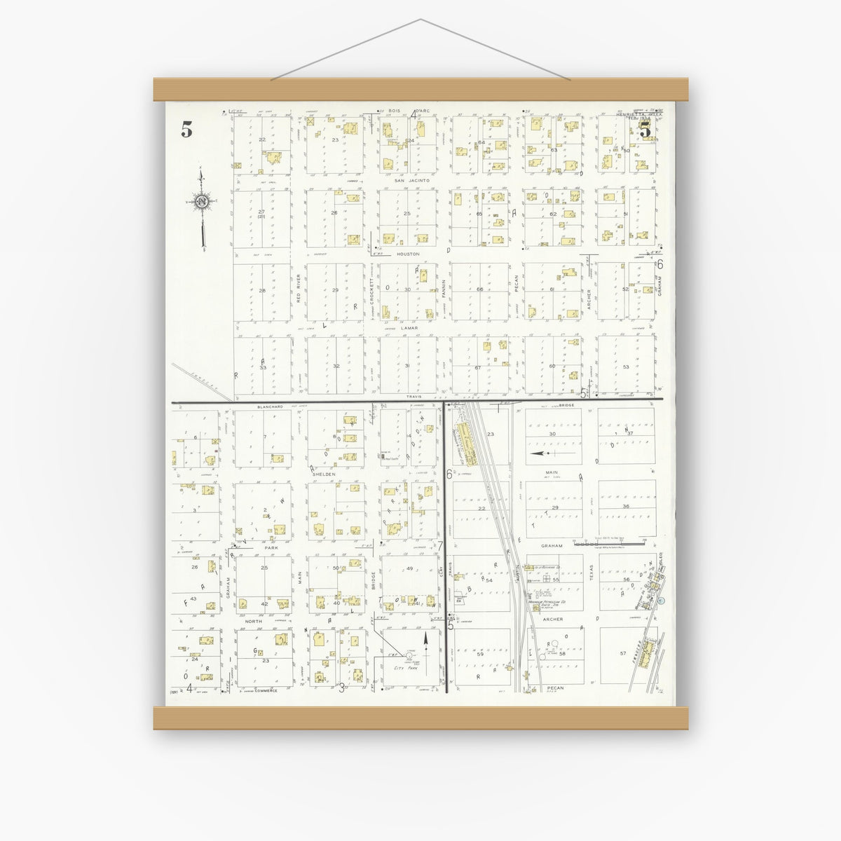 Old map wall art mockup — magnetic wood frame on white wall — Sanborn Fire Insurance Map from Henrietta, Clay County, Texas (1934), Sheet #0005