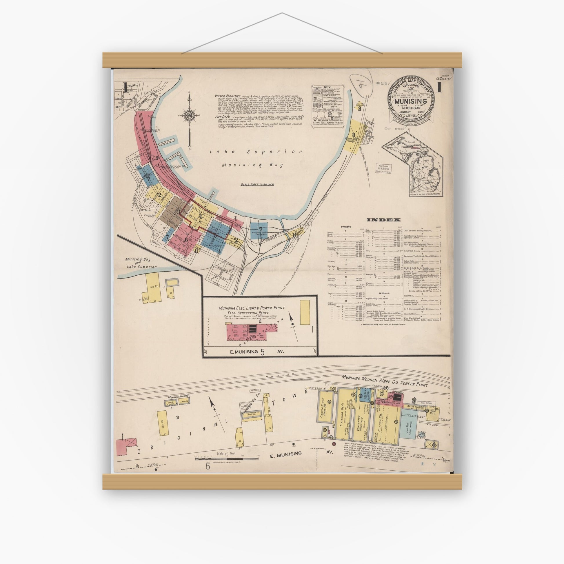 Old map wall art mockup — magnetic wood frame on white wall — Sanborn Fire Insurance Map from Munising, Alger County, Michigan (1923), Sheet #0001